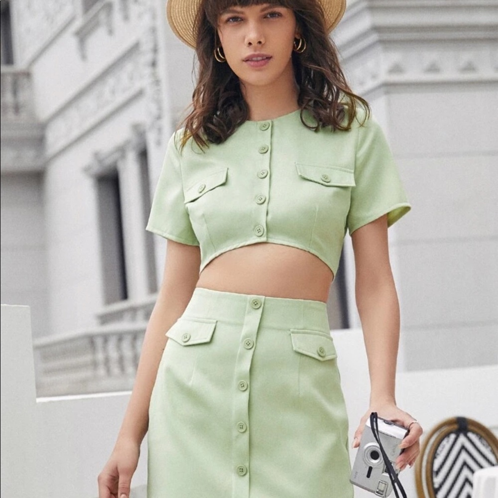 Light green matching blouse and skirt set